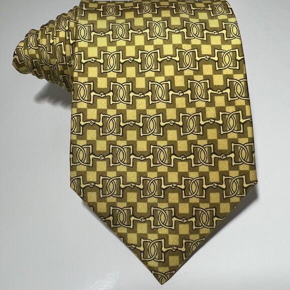 Genuine HERMES Yellow Silk Print Tie w Horsebit On “H” 57x3.5” 630TA New Cond. - Picture 1 of 14